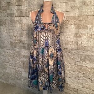 Paani Halter Mini Dress with blue and beige Patchwork Pattern and Tassel Detail